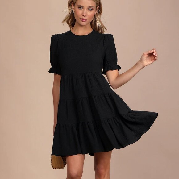 Small Lulus Favorite Day Black Puff Sleeve Tiered Mini Dress - Picture 8 of 11